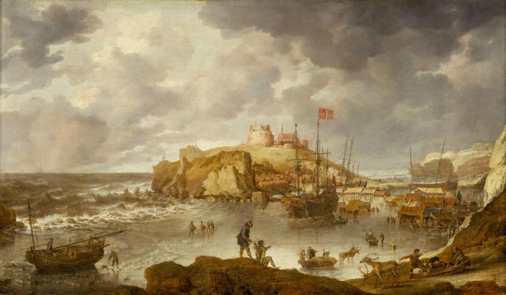El puerto de Arcángel, Bonaventura Peeters (1644). Fuente: Royal Museums Greenwich. Ojo a dos detalles. En puerto, una embarcación con bandera danesa, fruto del intercambio de conocimiento con esta nación. Y mirad el mar. El mar de invierno en Arcángel no es precisamente "navegable".