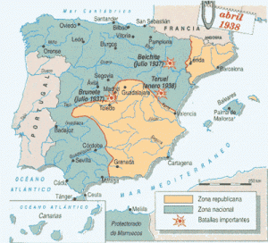 Para explicar lo de la batalla del Ebro: España en abril de 1938. Fuente: http://centros1.pntic.mec.es/ies.maria.moliner3/guerra/mapas.htm