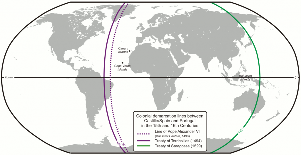 El mundo repartido según los tratados de Tordesillas y Zaragoza entre Portugal y la Monarquía Hispánica.